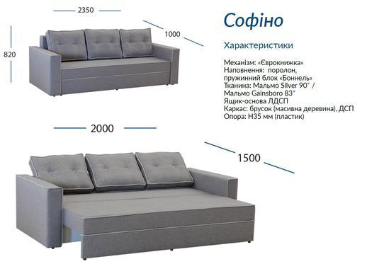 Диван Софіно - мальмо Silver 90/мальмо Gainsboro 83 (УМа)